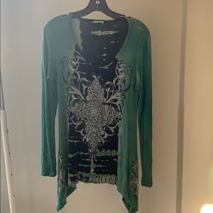 Fleur de lis rhinestone long sleeve green shirt